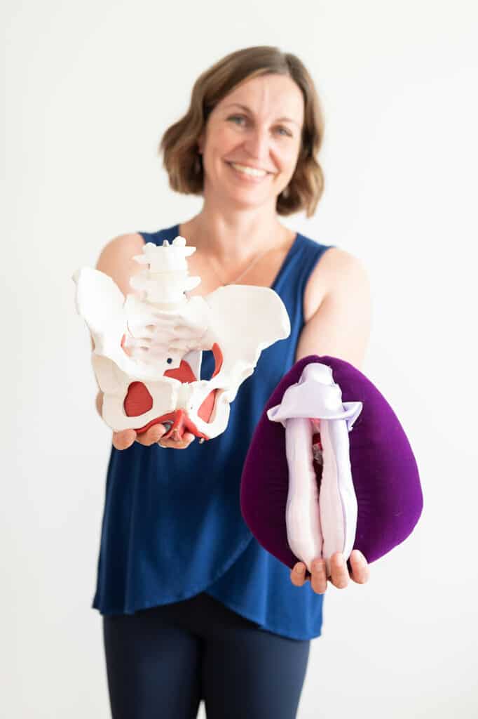 Beth Hoag, Pelvic Health Physiotherapist is holding pelvic health anatomy models.