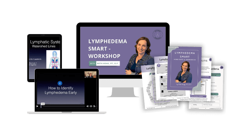 Lymphedema smart workshop online program details shown and labelled on a computer screen, pamphlets, and workbook with Beth Hoag.